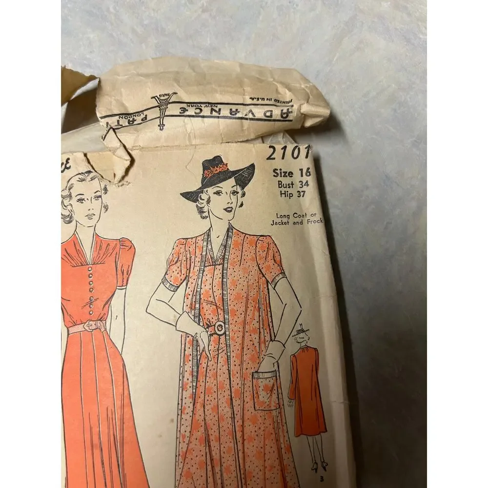 Vintage 1930's-40's Advance Pattern‎ #2101 Tea Frock and Bolero Size 16 HTF
